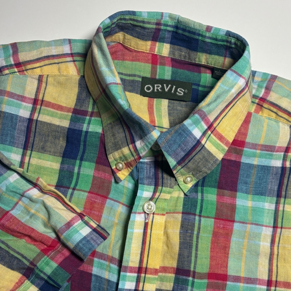 Orvis Multicolor Plaid‎ 100% Linen Shirt Men's Large Short Sleeve Button Down
